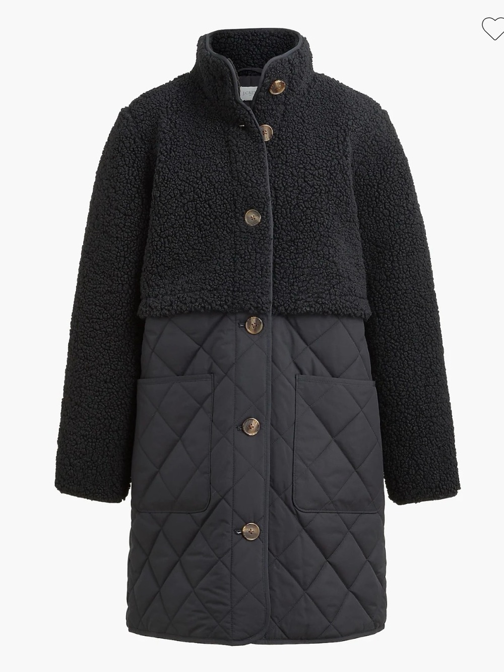 J. Crew Mixed-Media Sherpa Coat Black Quilted Teddy Fleece Long Coat